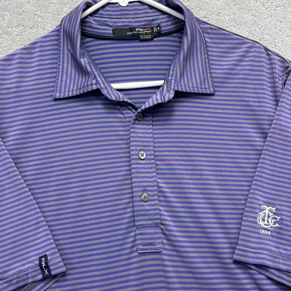 RLX Ralph Lauren Polo Shirt Mens XL Purple Striped Short Sleeve Golf Performance